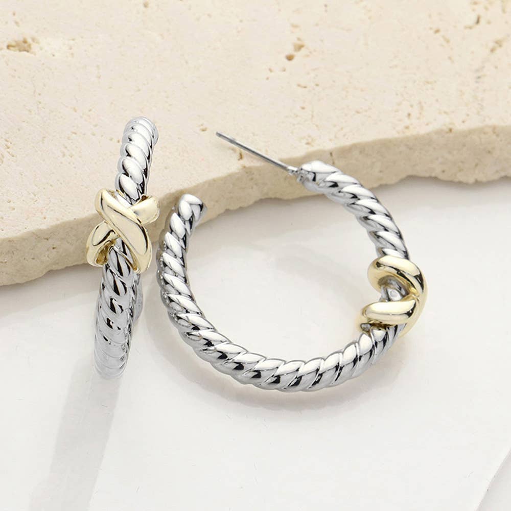 14K Gold Plated Two Tone Crisscross Pointed Hoop Earrings