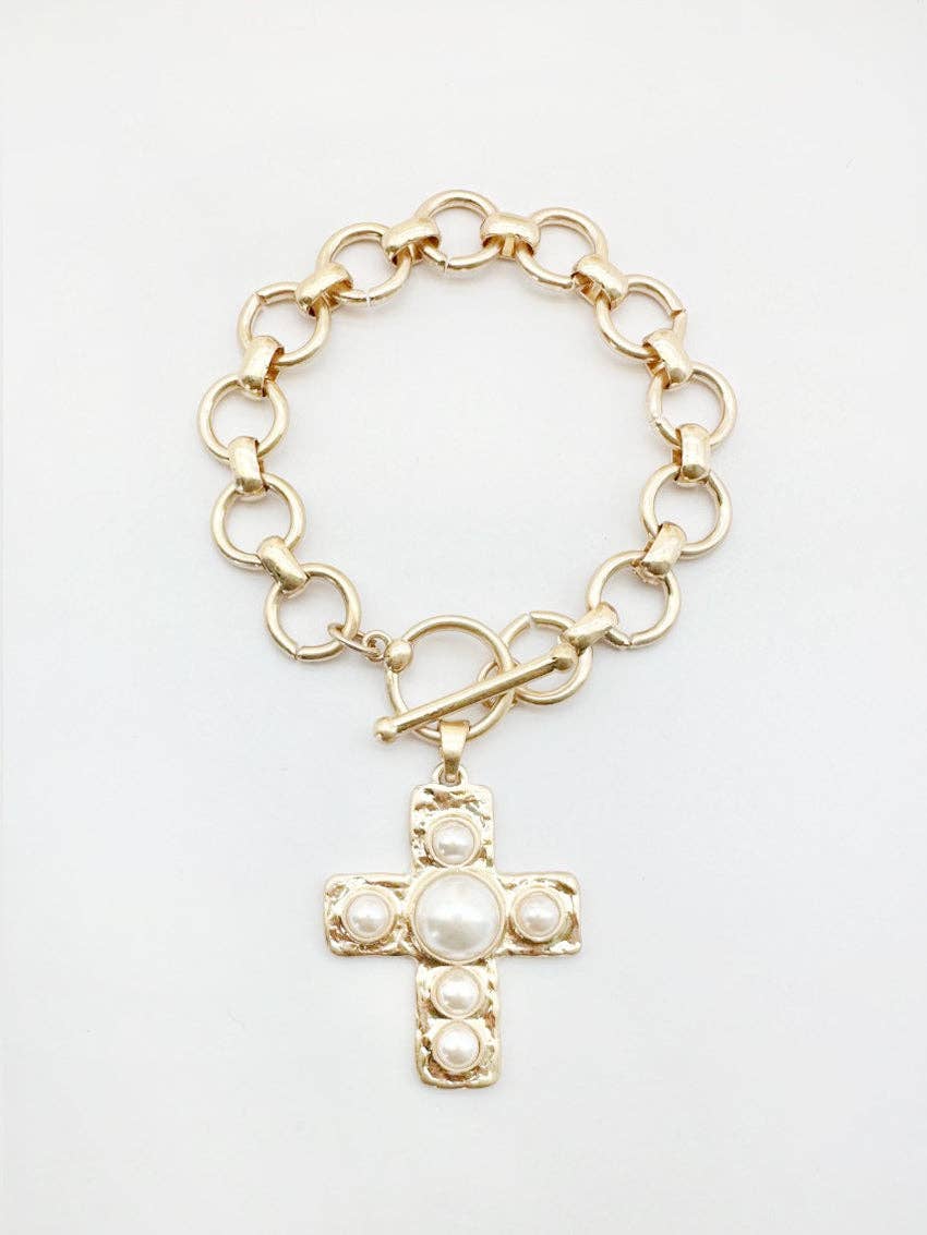 Gold Stretch Chain with Hammered Cross with Pearl Accent Charm