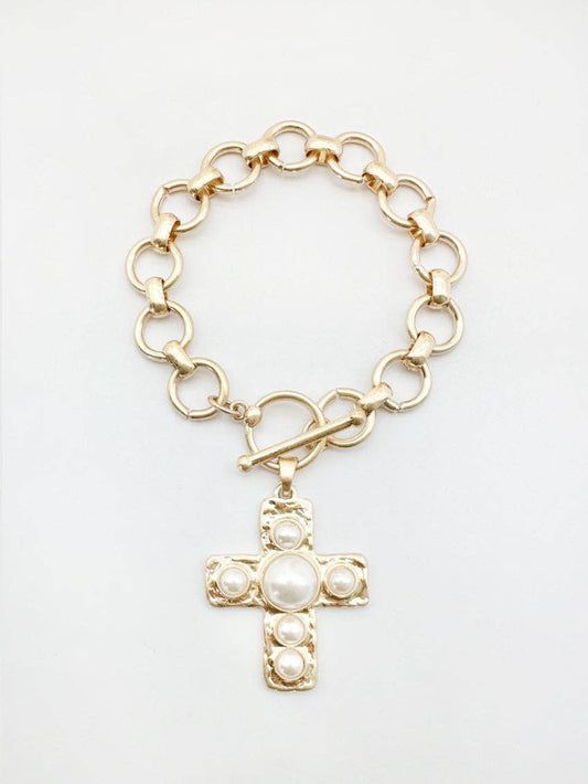 Gold Stretch Chain with Hammered Cross with Pearl Accent Charm