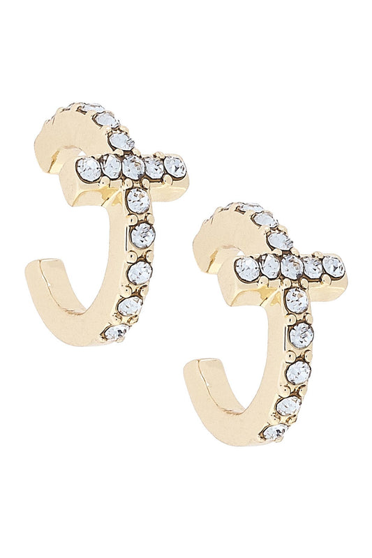 Seraphine Pave Cross Hoop Earrings in Shiny Gold