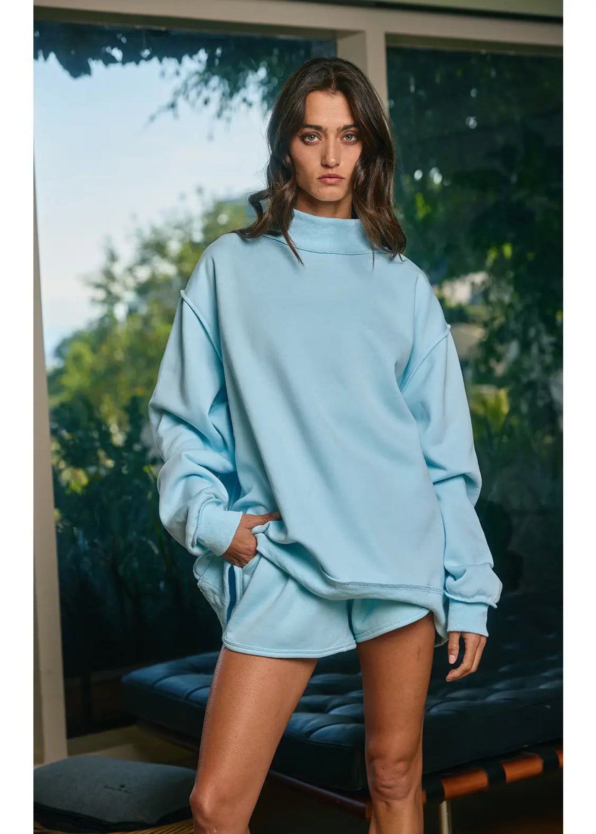 SOLID REVERSIBLE MOCKNECK SWEATSHIRT - LIGHT BLUE
