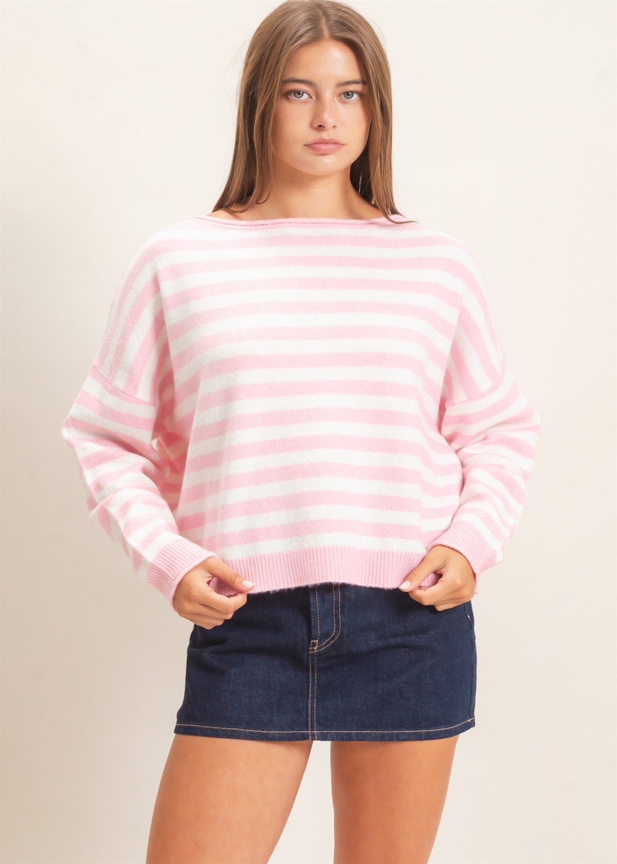 OFF THE SHOULDER STRIPED SWEATER - PINK
