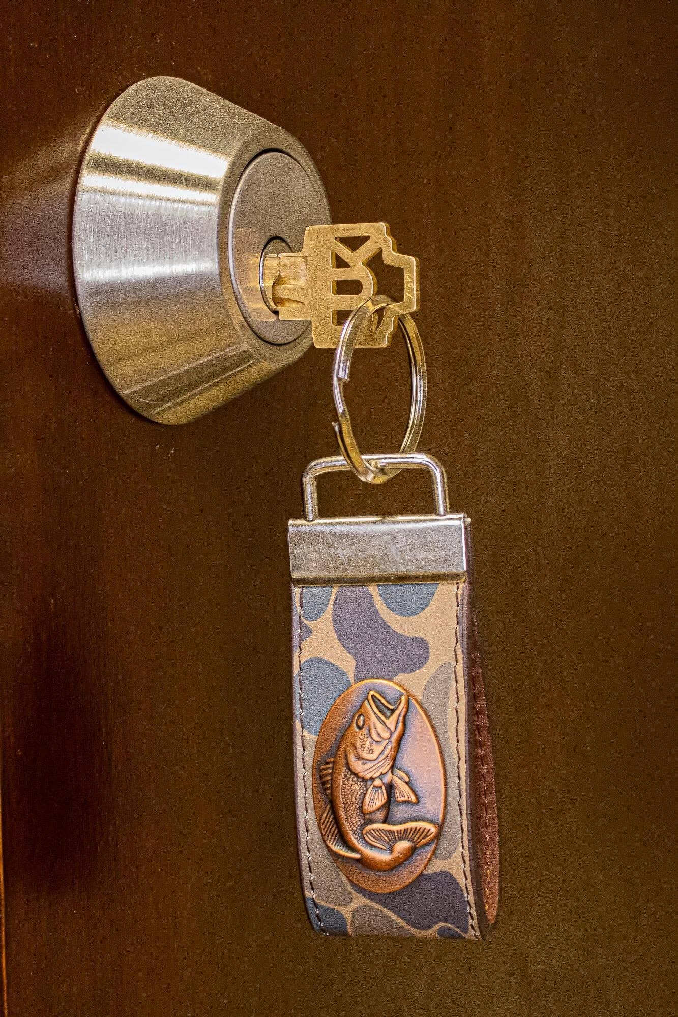 Bass Fishing Old School Camo Leather Loop Keychain.