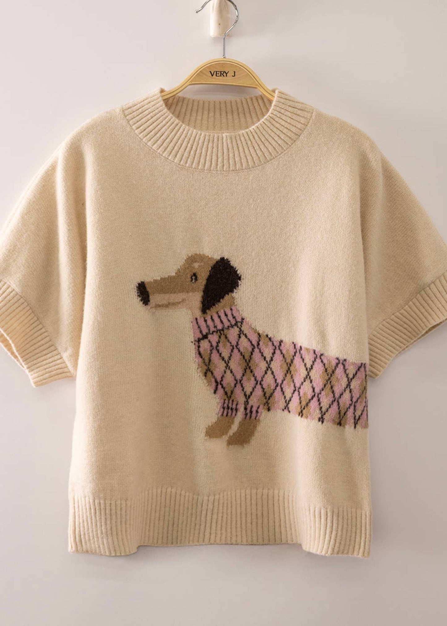 Dog Graphic Short Sleeve Knit - Oatmeal