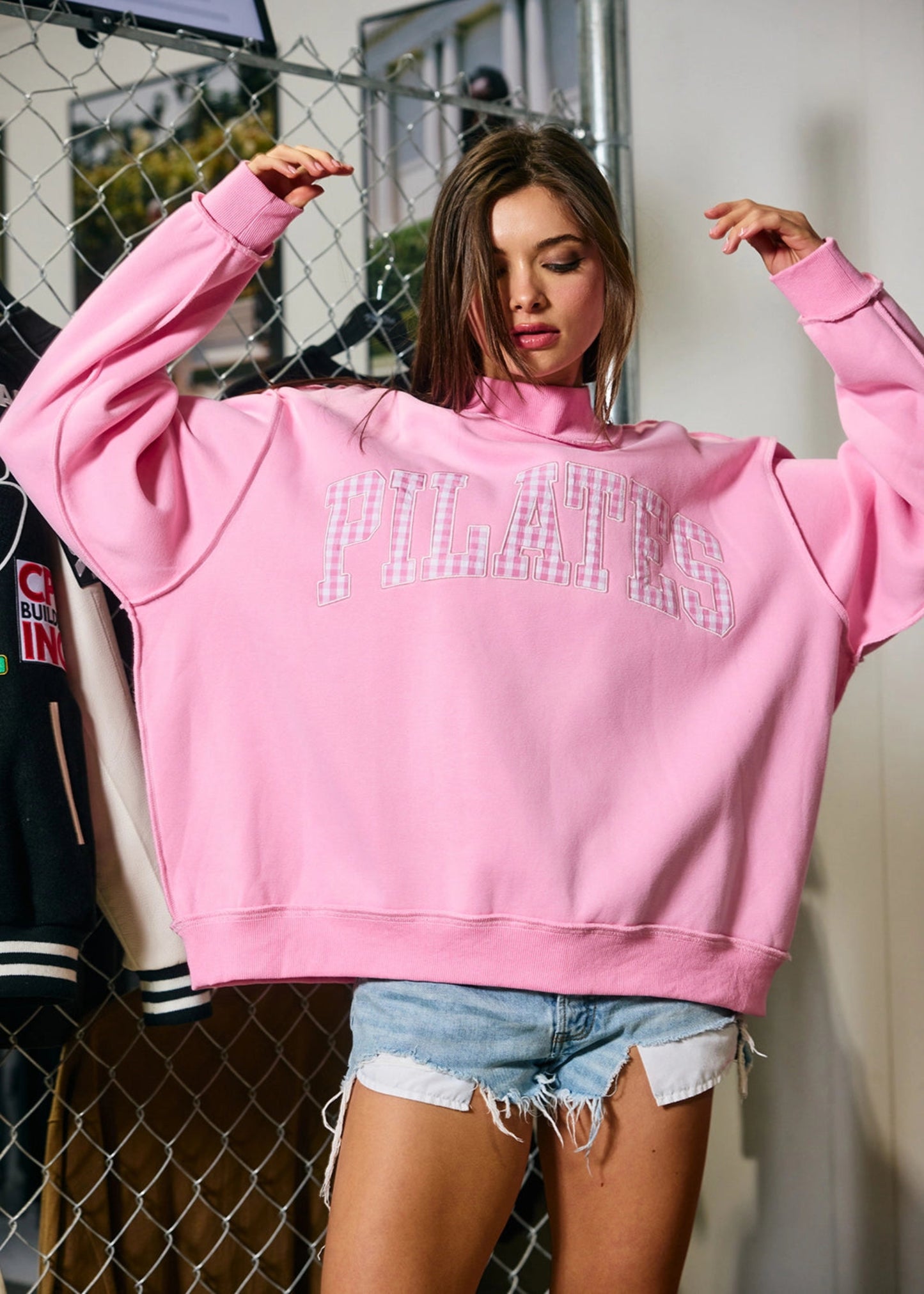 PILATES EMBROIDERED MOCKNECK SWEATSHIRT - PINK GINGHAM