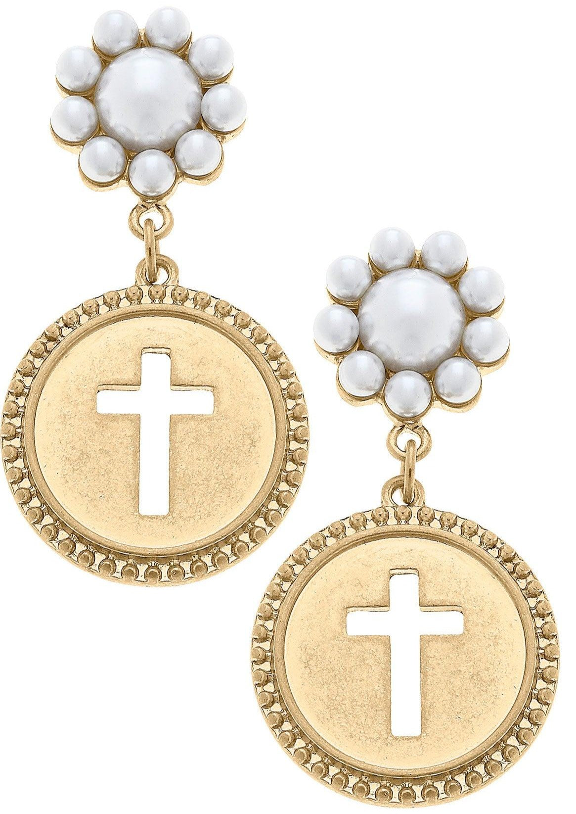 ESTHER COIN CROSS PEARL EAR-GOLD