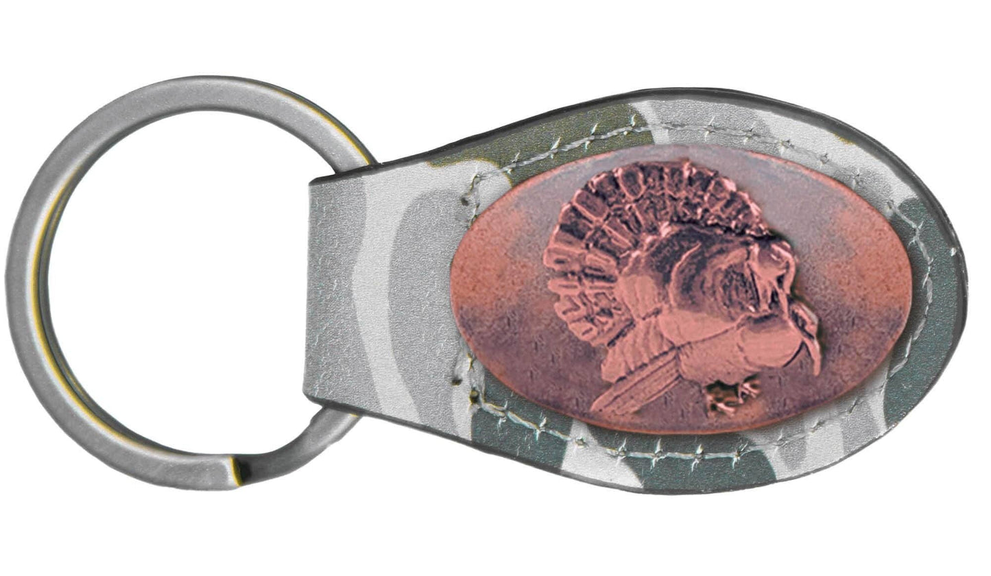 Green Old School Camo Leather Key Fob. Bass, Lab, Deer, Mallard, Turkey, Shot Shell, USA Flag