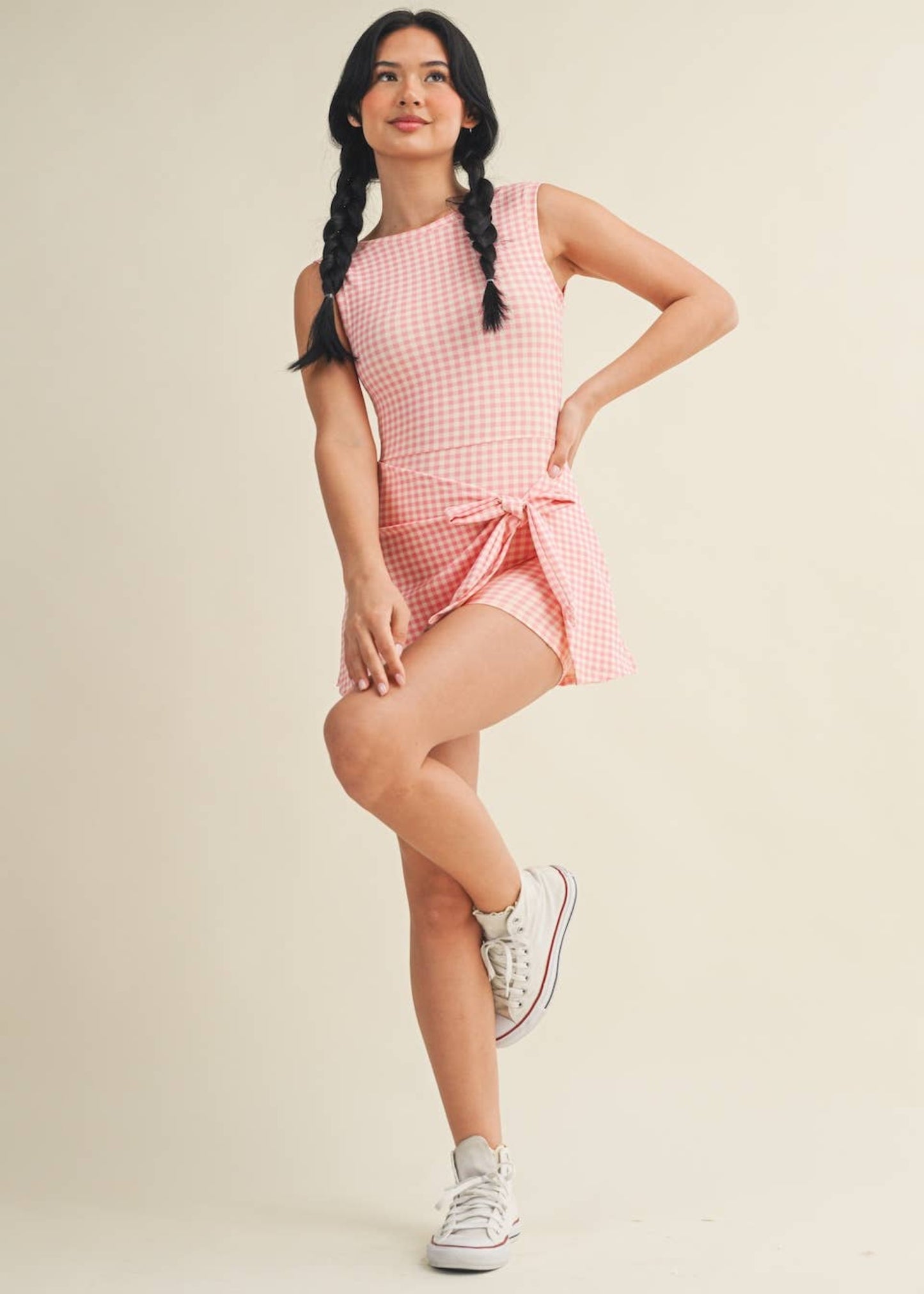 Gingham Print Sleeveless Wrap Tie Front Dress - pink