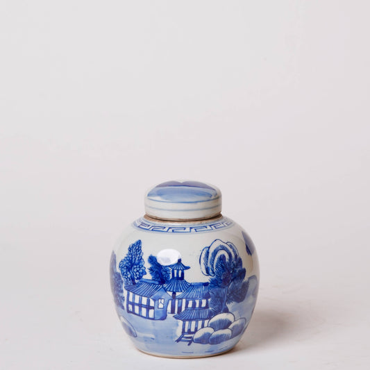 Blue and White Porcelain Landscape Round Storage Jar