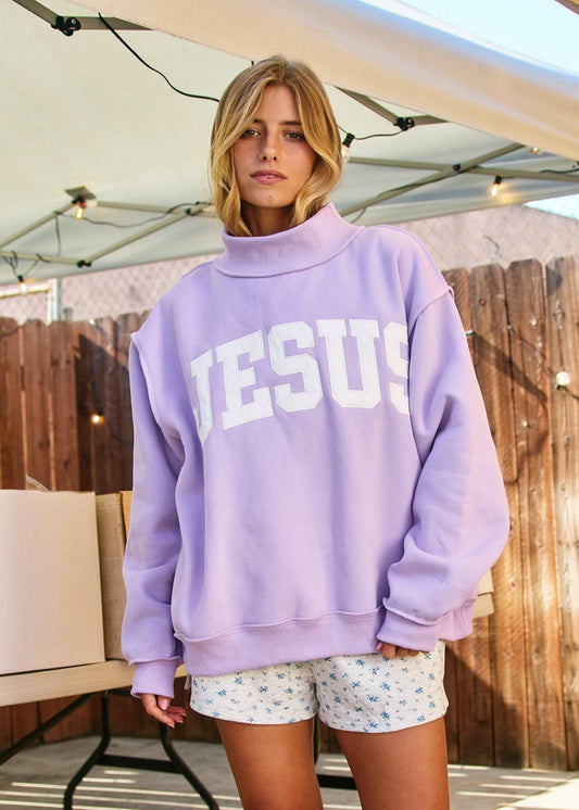 JESUS  'JESUS' Embroidered Mock Neck Sweatshirt LAVENDER