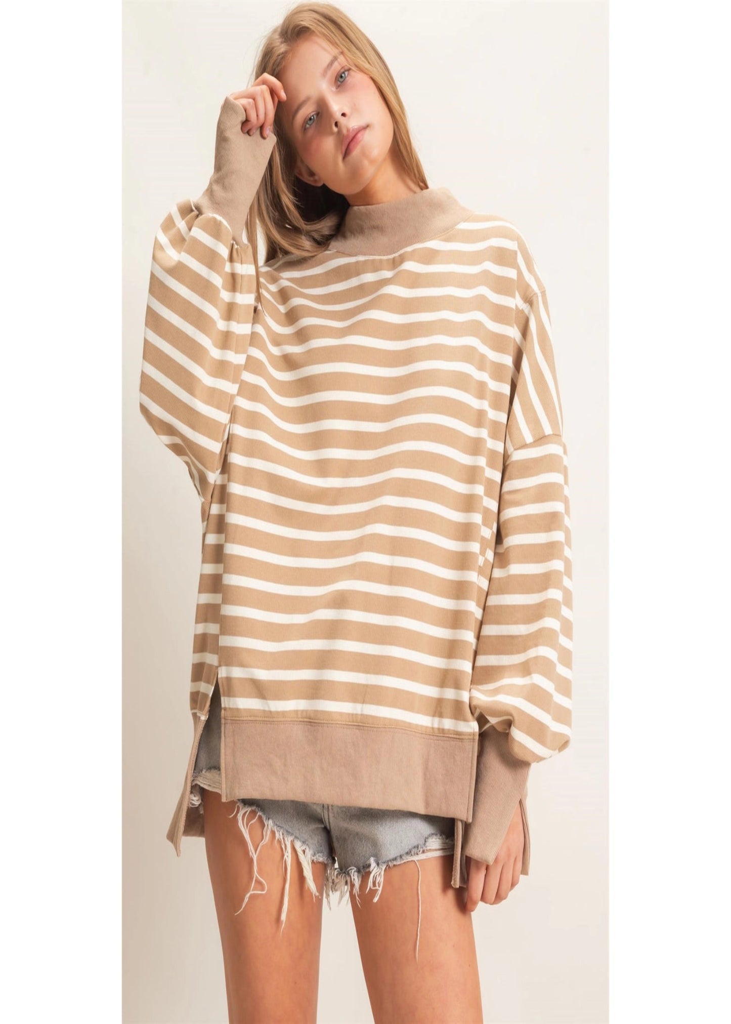 AURIE MOCKNECK -TAUPE AND CREAM