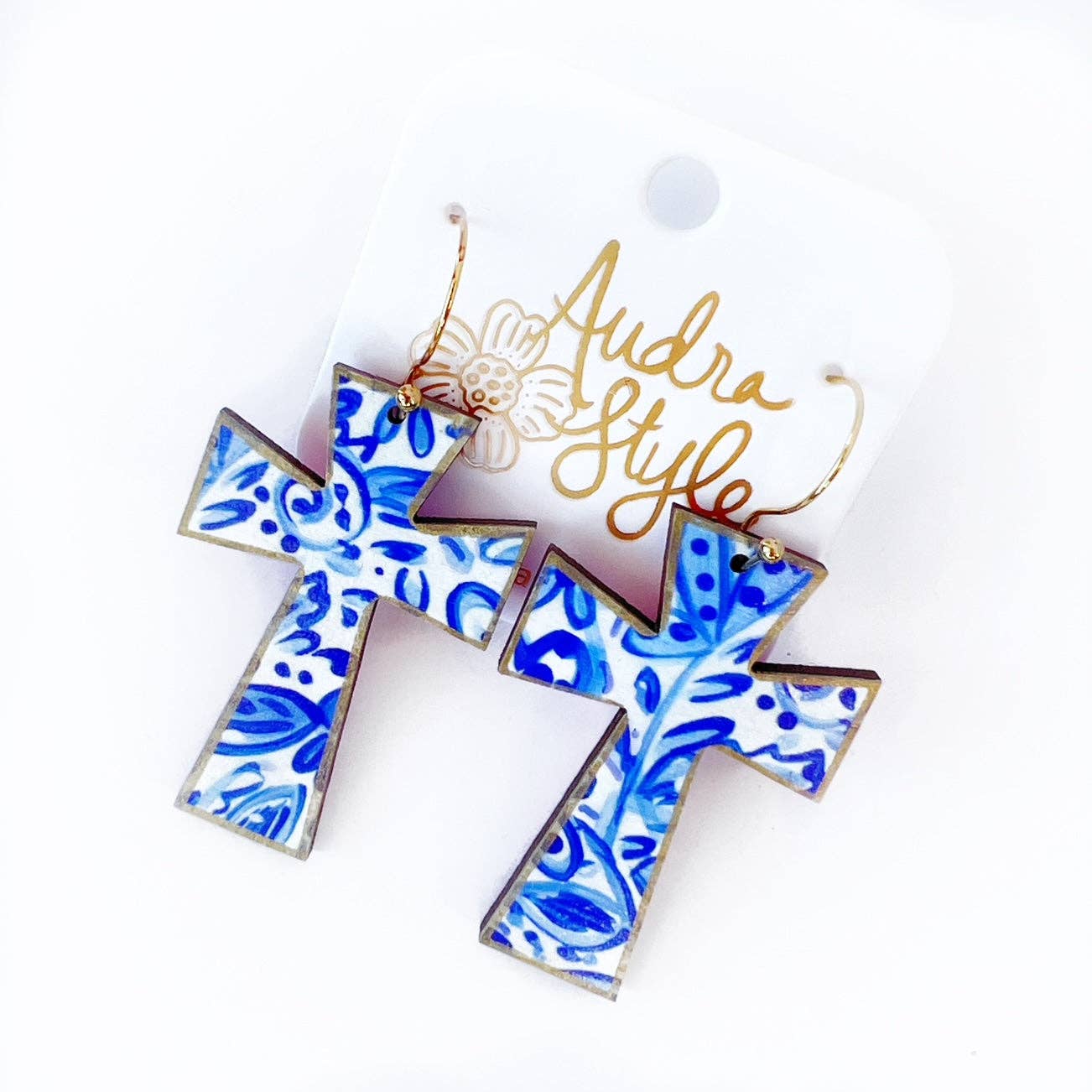 Cross Dangle Earring- Blue and White Floral Print-Religious