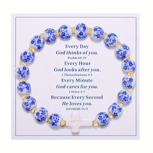 FAITH BLUE AND WHITE BEADED BRACELET