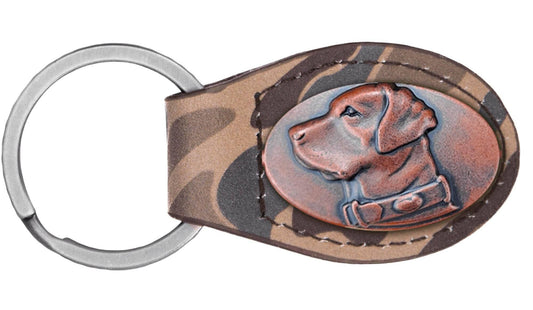 Brown Old School Camo Leather Key Fob. Bass, Lab, Deer, Mallard, Turkey, Shot Shell, USA Flag