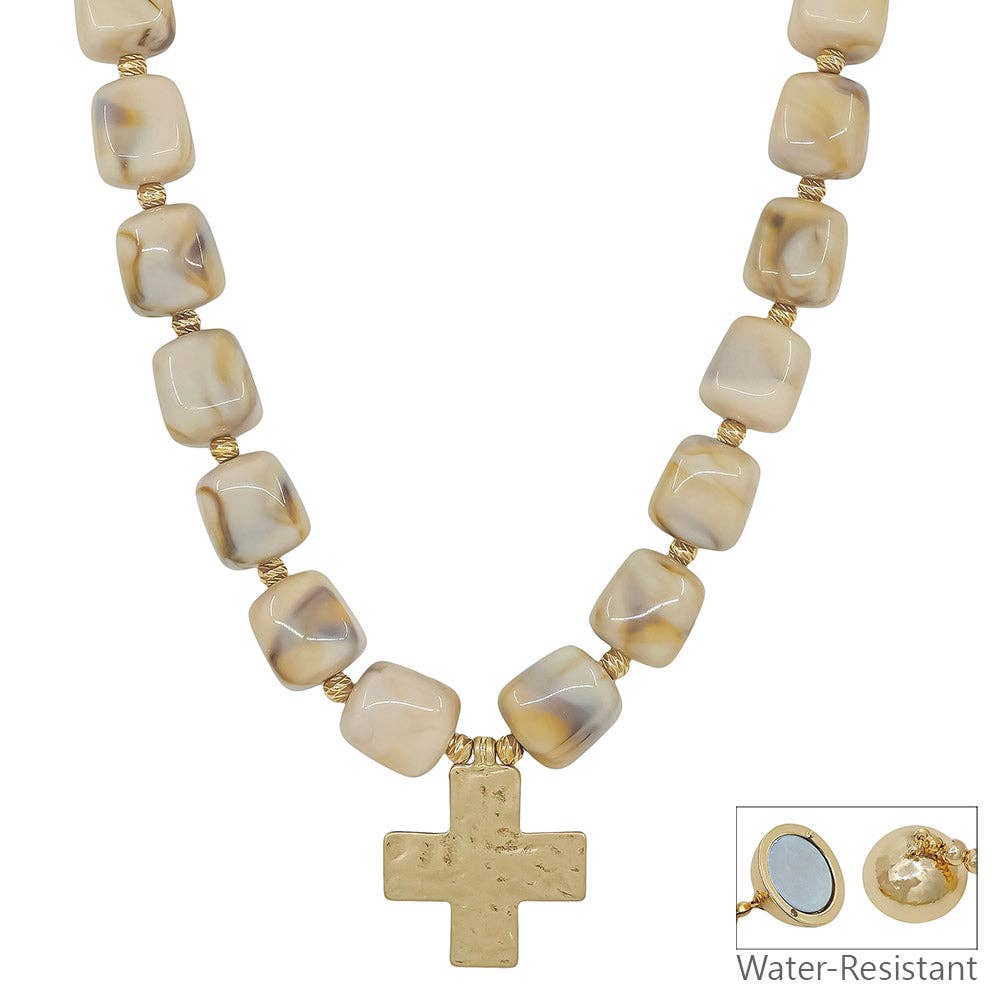 16MM Natural Resin Beaded Cross Necklace