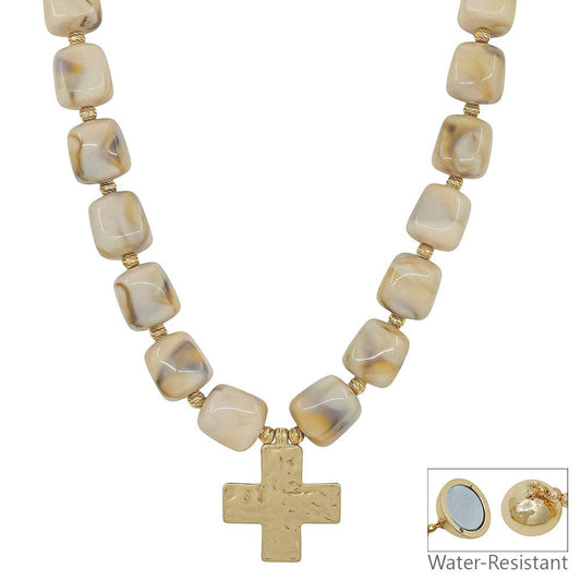 16MM Natural Resin Beaded Cross Necklace