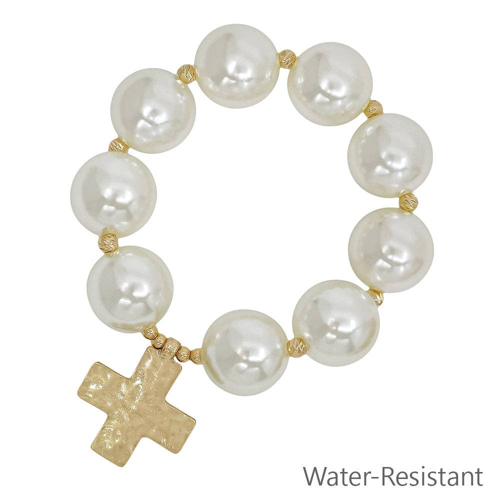 20MM Pearl Beaded and Cross Stretch Bracelet Set