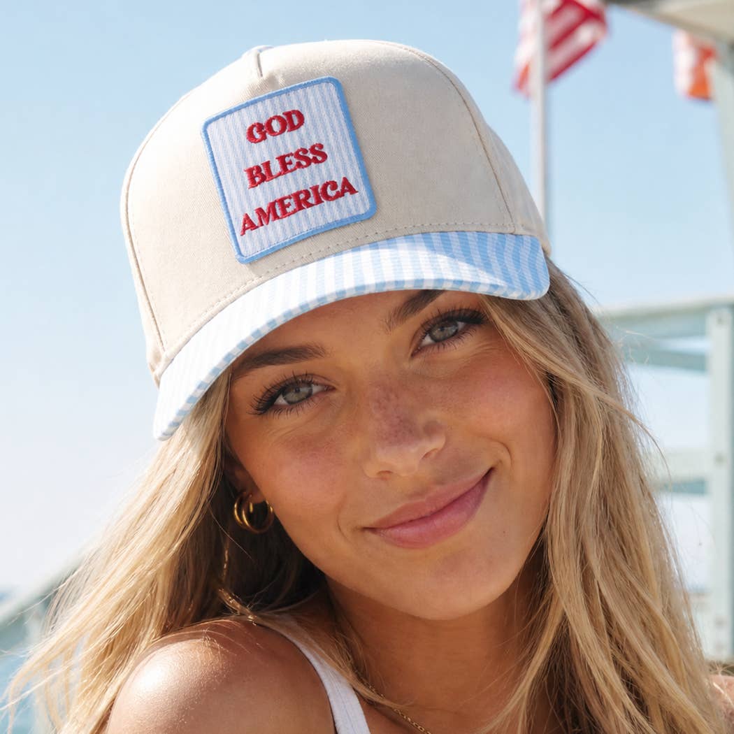 GOD BLESS AMERICA EMBROIDERED PATCH GINGHAM TRUCKER HAT - PINK