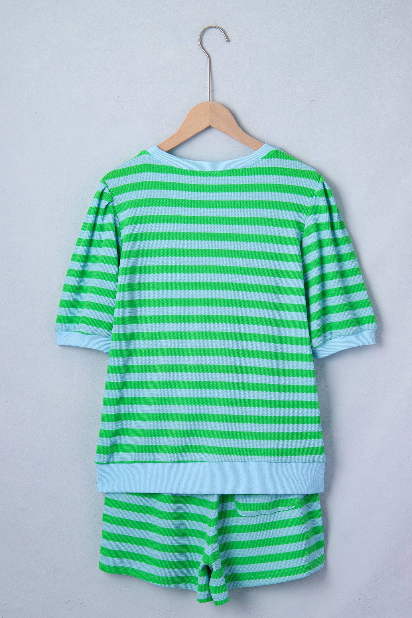 Stripe Spring Puff Sleeve Shirt Matching Shorts Set
