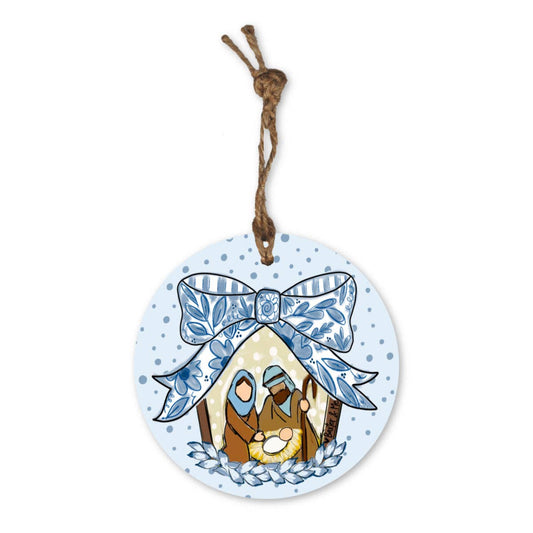 Blue Ribbon Bow Nativity Ornament