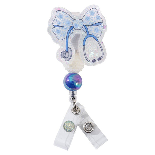 Glitterific Blue Stethoscope Bow Badge Reel