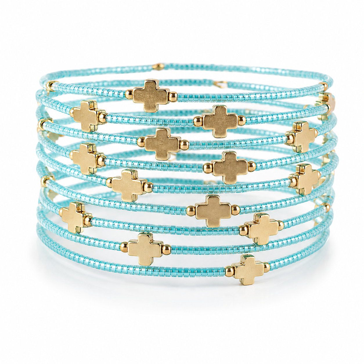Faithful Beaded Cross Bangle w/ Matte Gold Crosses-Turquoise
