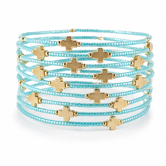 Faithful Beaded Cross Bangle w/ Matte Gold Crosses-Turquoise