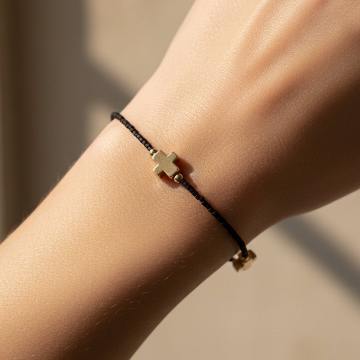 Faithful Beaded Cross Bangle w/ Matte Gold Crosses-Black
