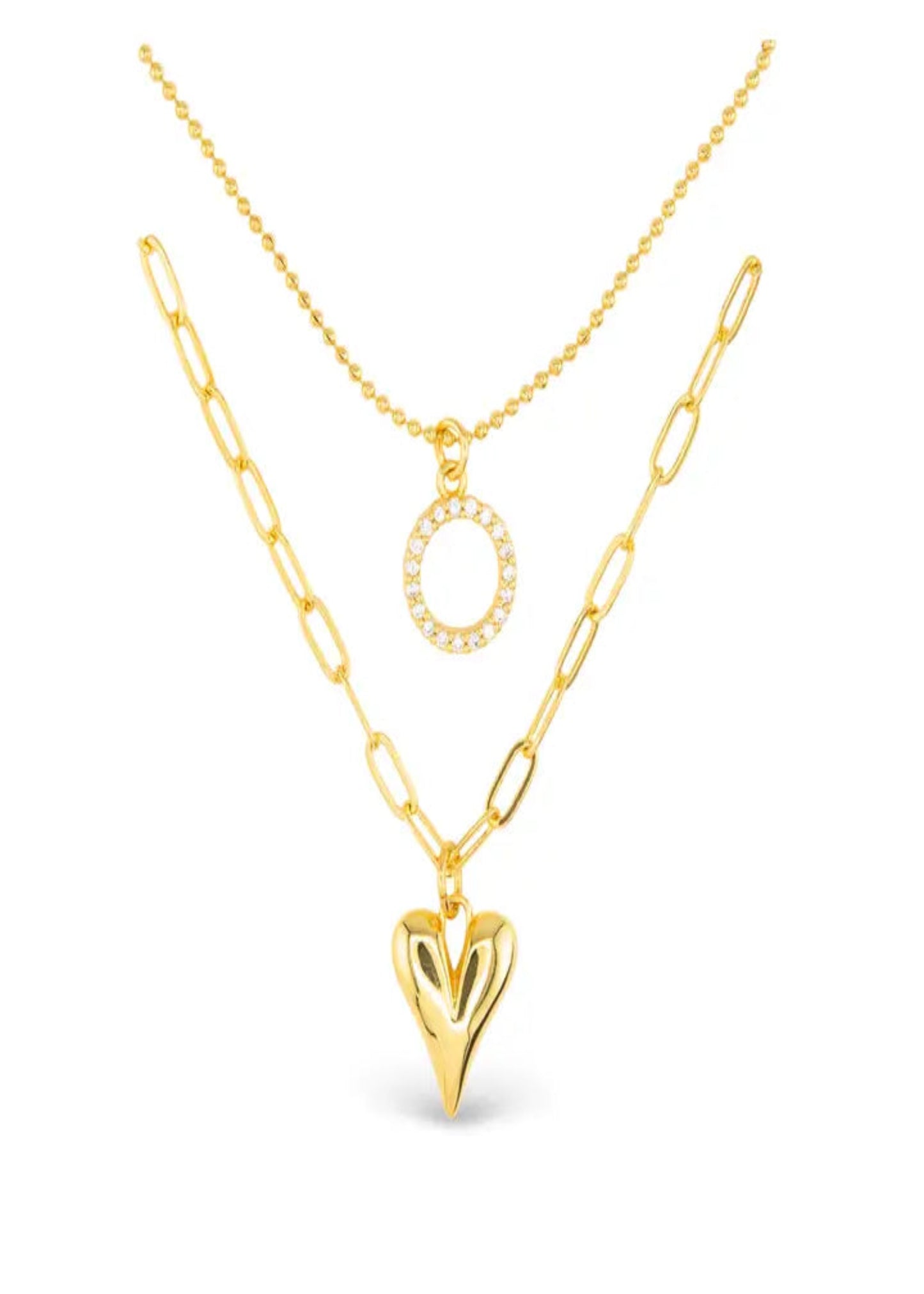 Gold CZ Dual Layer Circle Heart Necklace