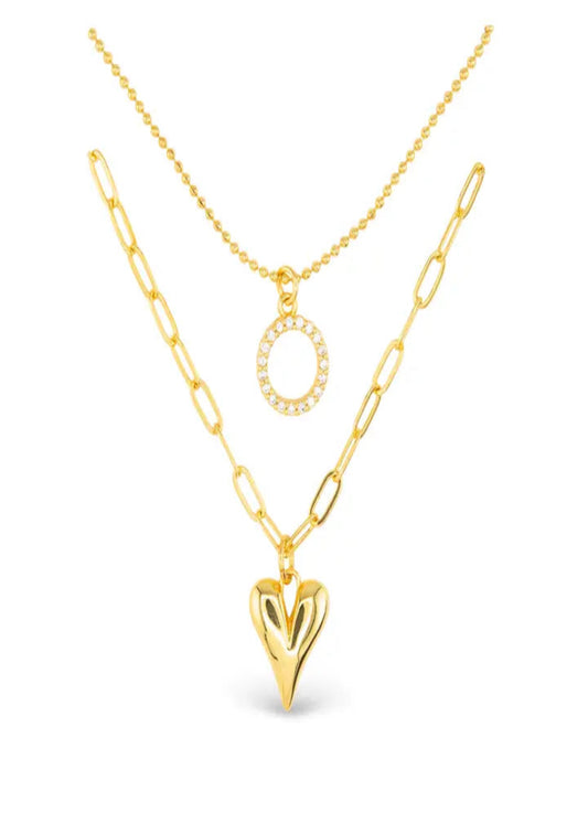Gold CZ Dual Layer Circle Heart Necklace