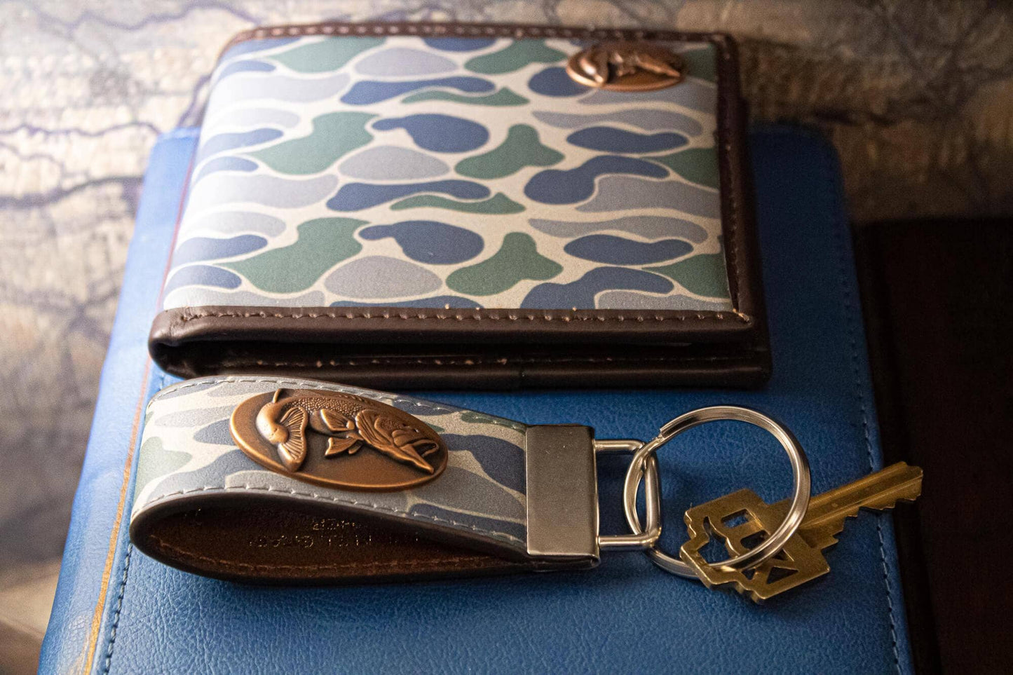 Bass Fishing Old School Camo Leather Loop Keychain.