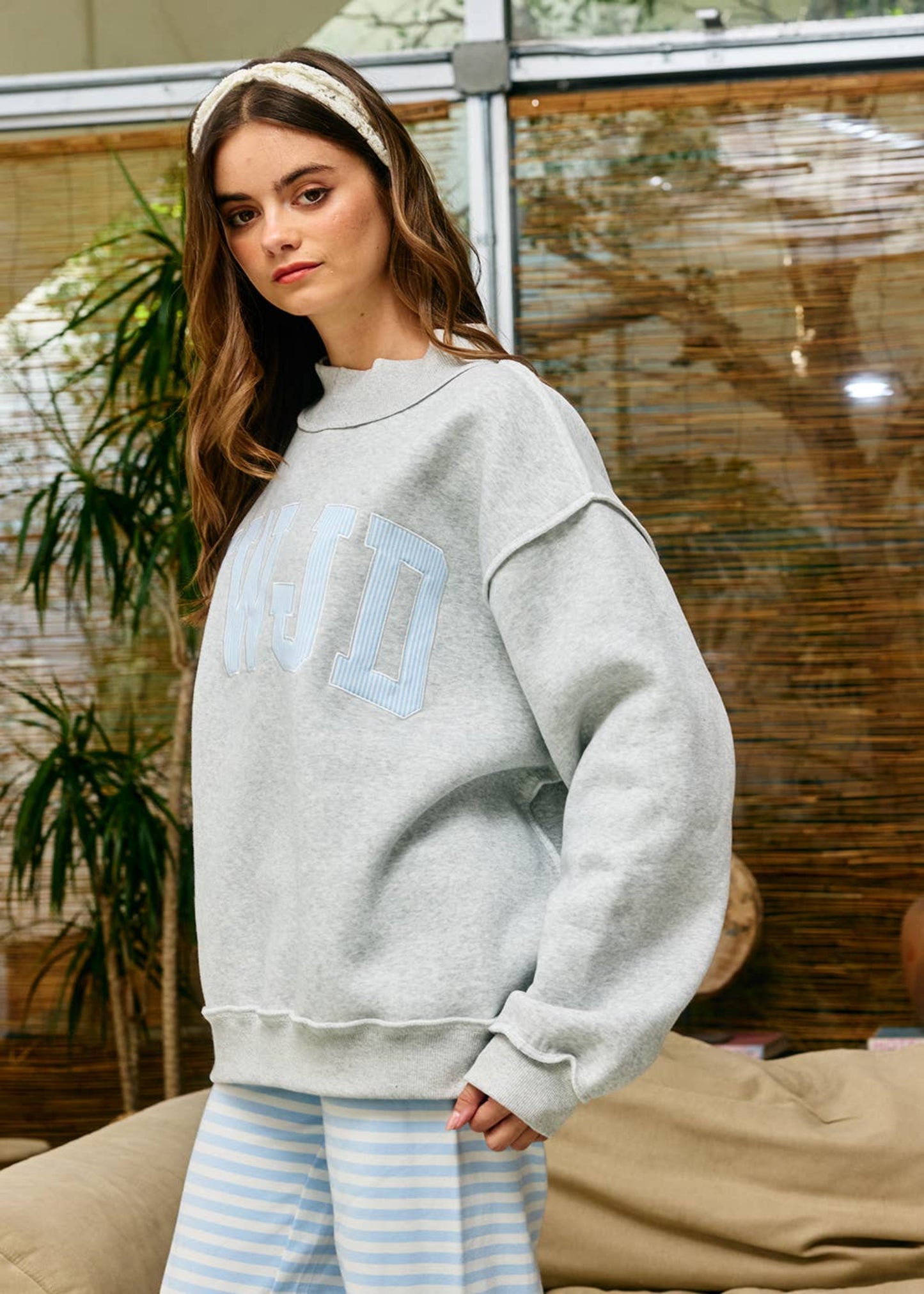 Stripe Embroidered "WWJD" Mock Neck Sweatshirt