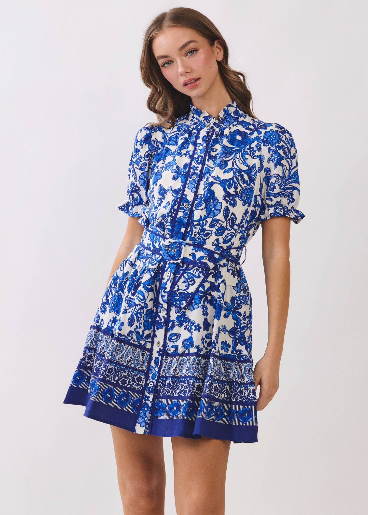 Floral Print Removable Belted Mini Shirt Dress