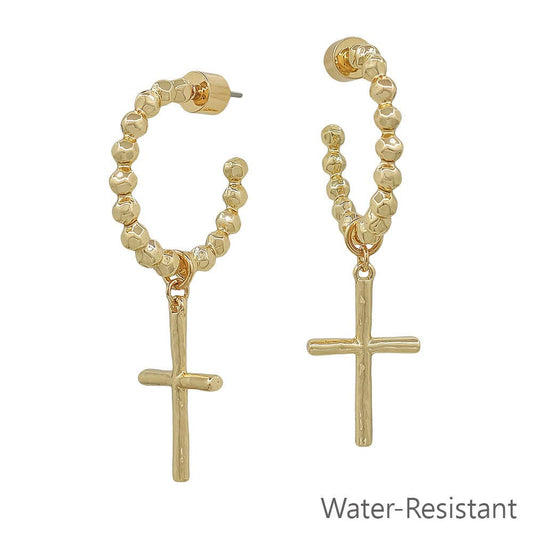 Water Resistant Gold Metal Ball Hoop Cross Charm 1" Earring