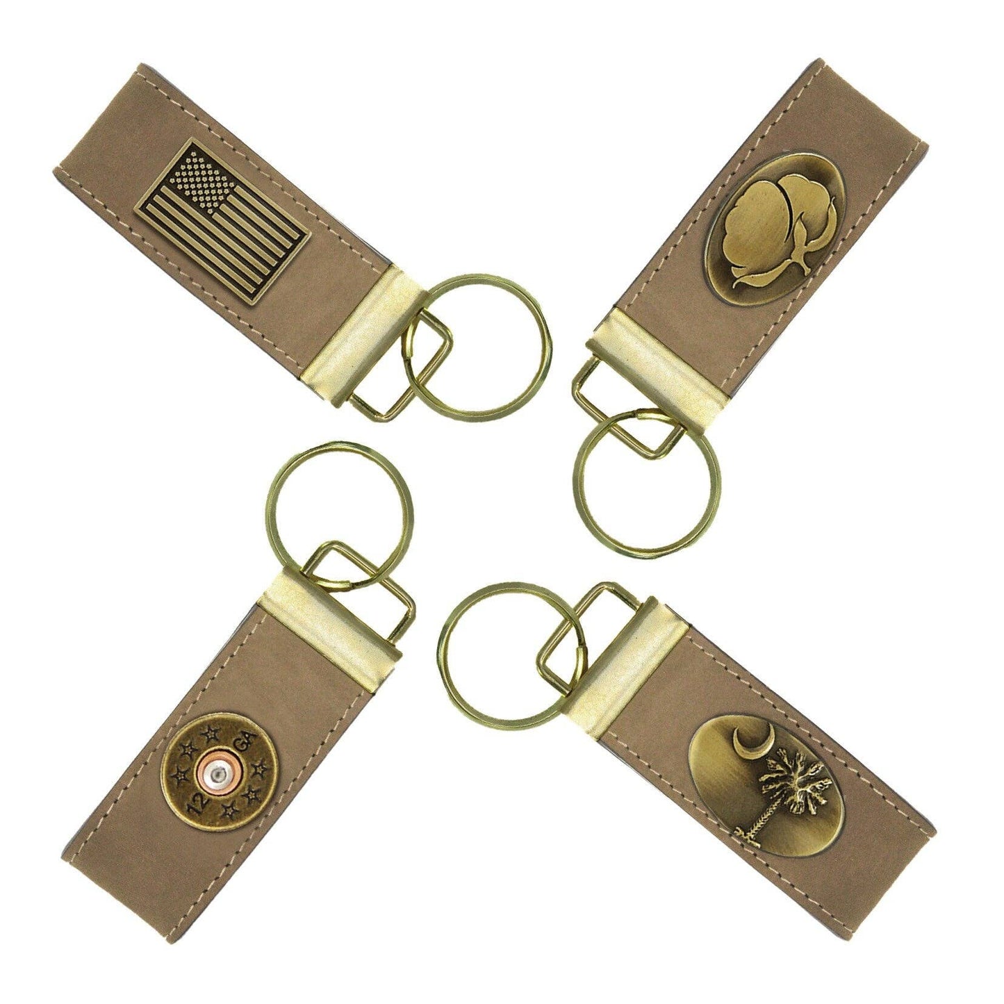 Leather Loop Key Fob. Crazyhorse Full Grain Leather With Antique Brass Logo. American Flag, Shotshell, SC Palmetto, Cotton Boll
