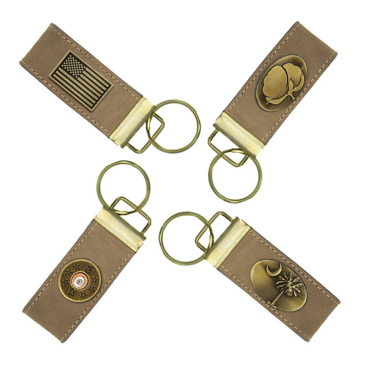 Leather Loop Key Fob. Crazyhorse Full Grain Leather With Antique Brass Logo. American Flag, Shotshell, SC Palmetto, Cotton Boll