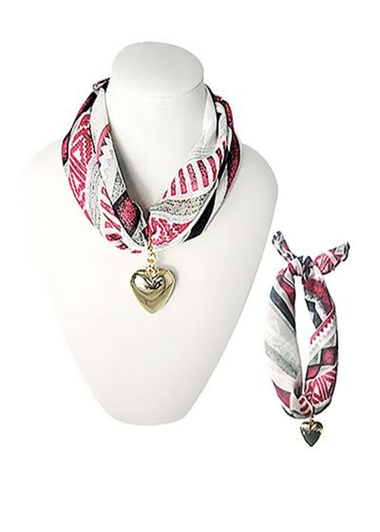 HEART & SCARF GEOMETRIC PATTERN NECKLACE-RED MULTI/GOLD