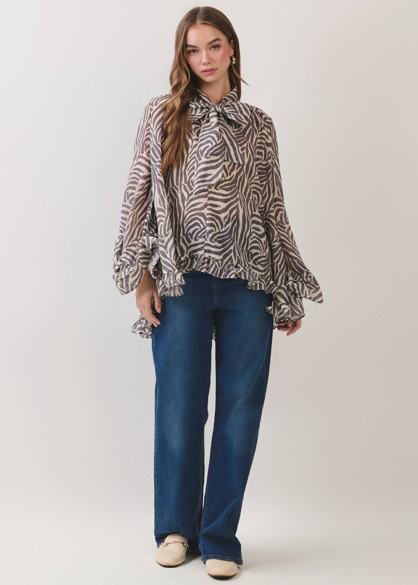 Zebra Print Ruffle Detail High Low Hem Blouse
