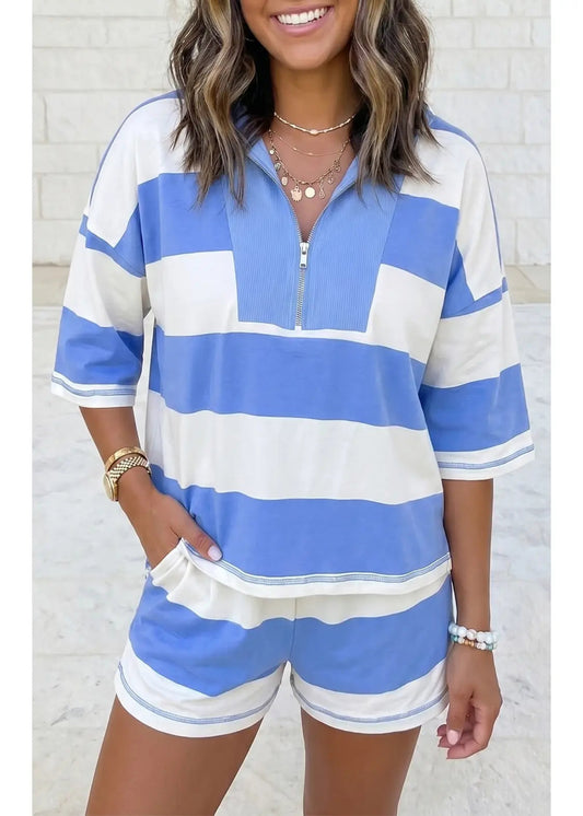 LAS Stripe Seam Half Zip Oversize Tee Shorts Set - BLUE AND WHITE