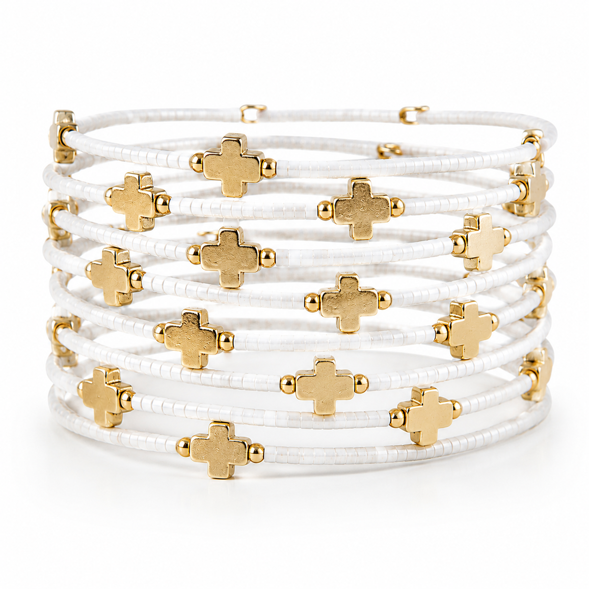 Faithful Beaded Cross Bangle w/ Matte Gold Crosses-White