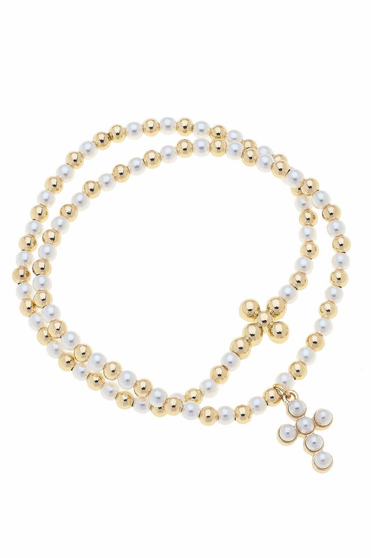 Emily Pearl & Ball Bead Cross Bracelet Set of 2 in Ivory
