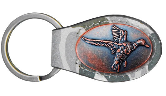 Green Old School Camo Leather Key Fob. Bass, Lab, Deer, Mallard, Turkey, Shot Shell, USA Flag