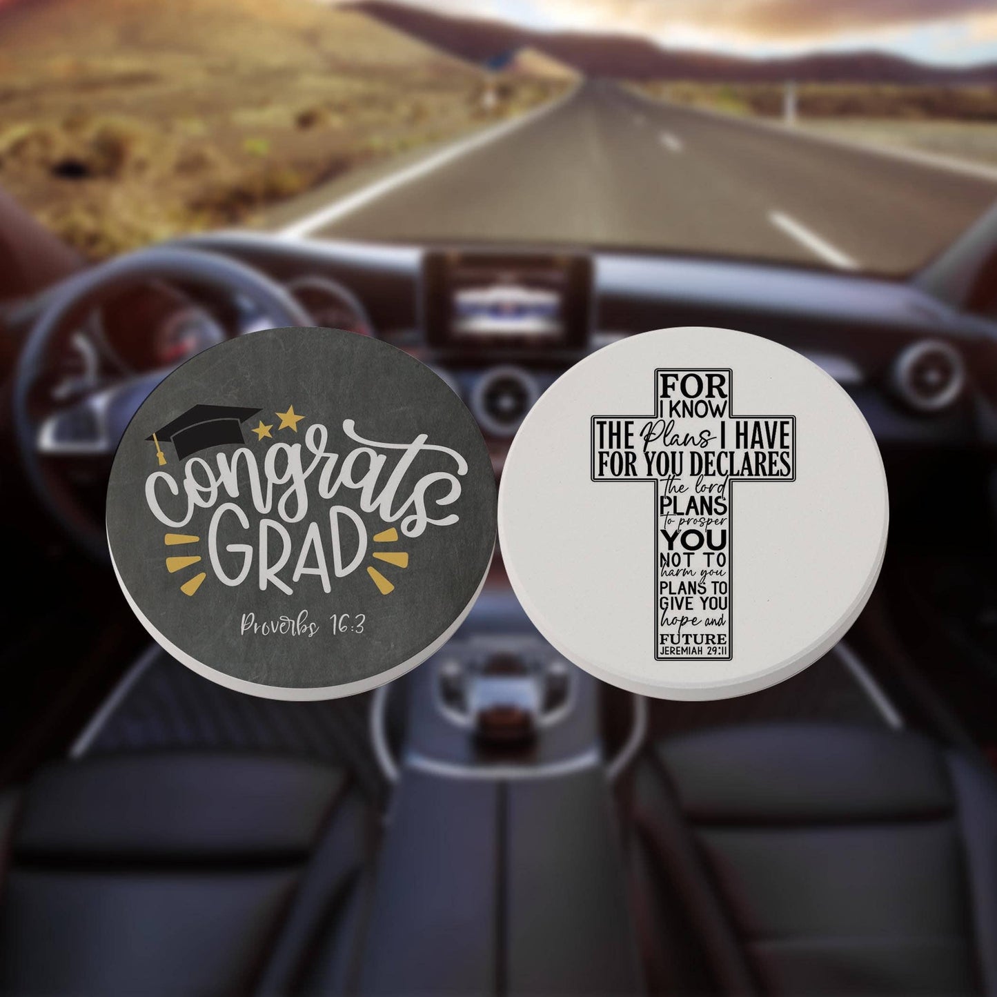 Car Coaster 2-Pack Kalia Lane-Congrats Grad & For I Know The Plans