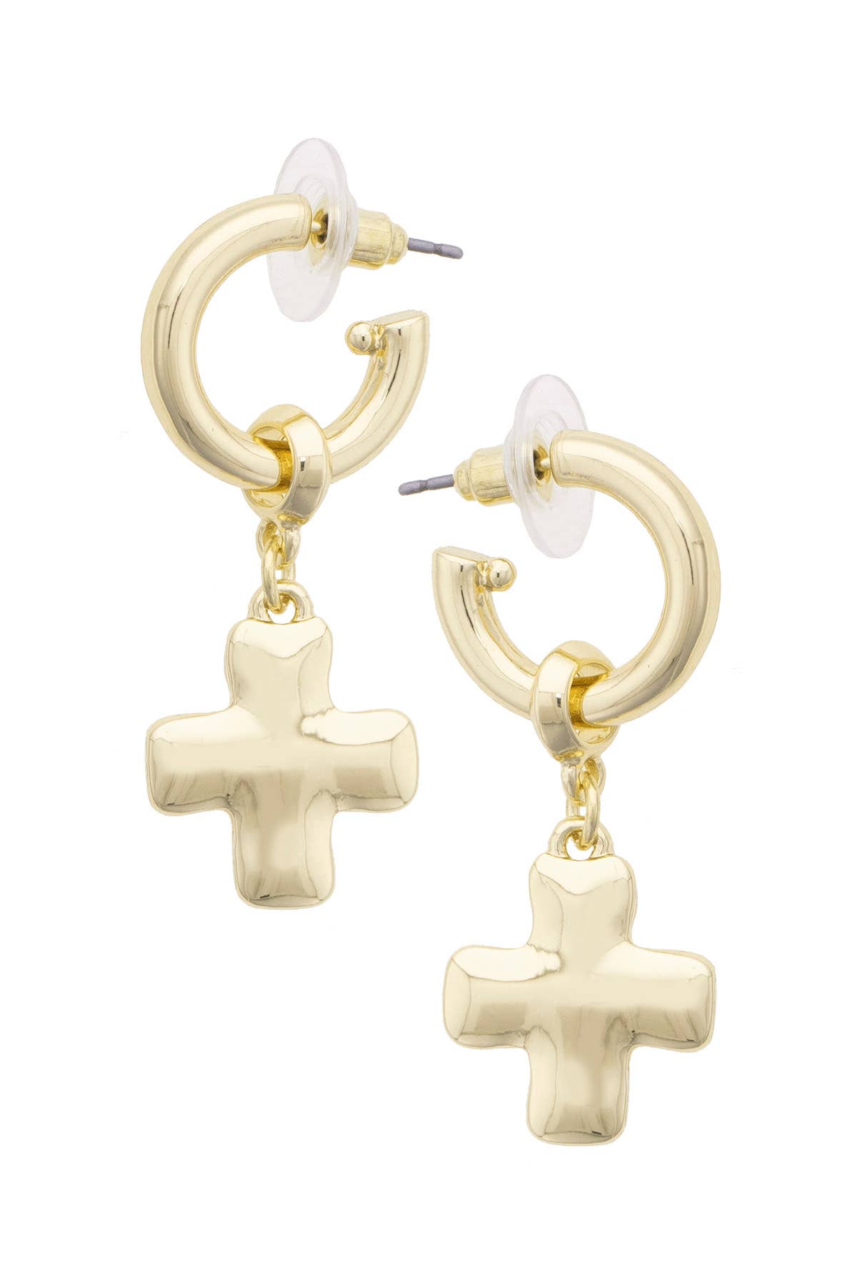 Chantilly Square Cross Drop Hoop Earrings in Shiny Gold