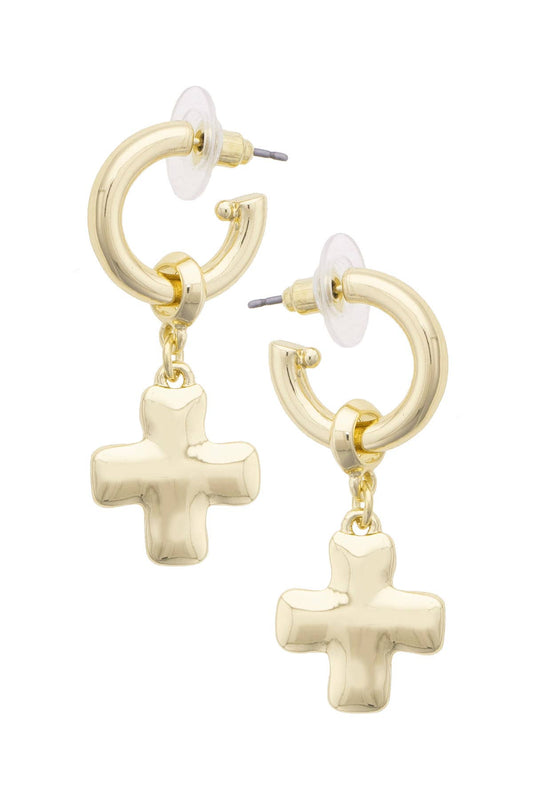 Chantilly Square Cross Drop Hoop Earrings in Shiny Gold