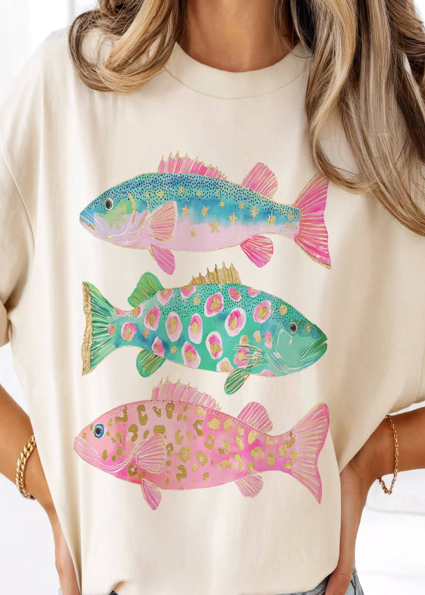 Coastal Preppy Fish Pink Blue Beach Ocean Club Graphic Tee