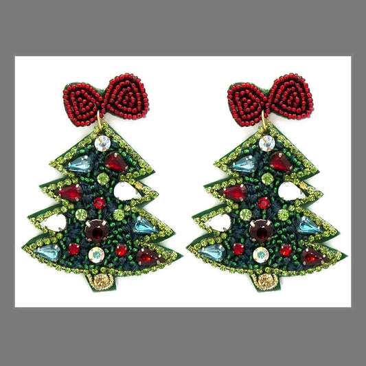 Christmas Tree Green with Crystal Ornaments 2" Seed Bead Earring