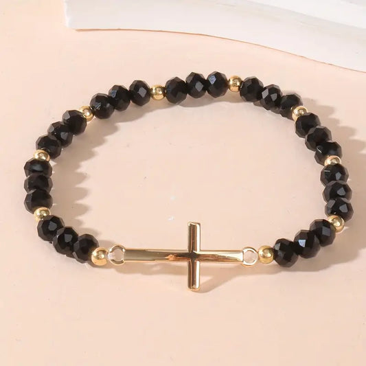BEADED BRACELET - CROSS CRYSTAL IN BLACK