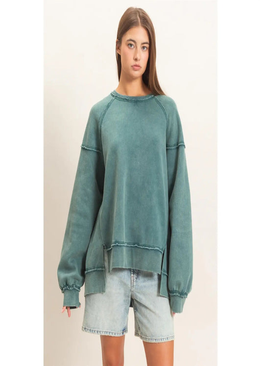 MALLORY SWEATSHIRT - DARK TEAL ACID WASHED