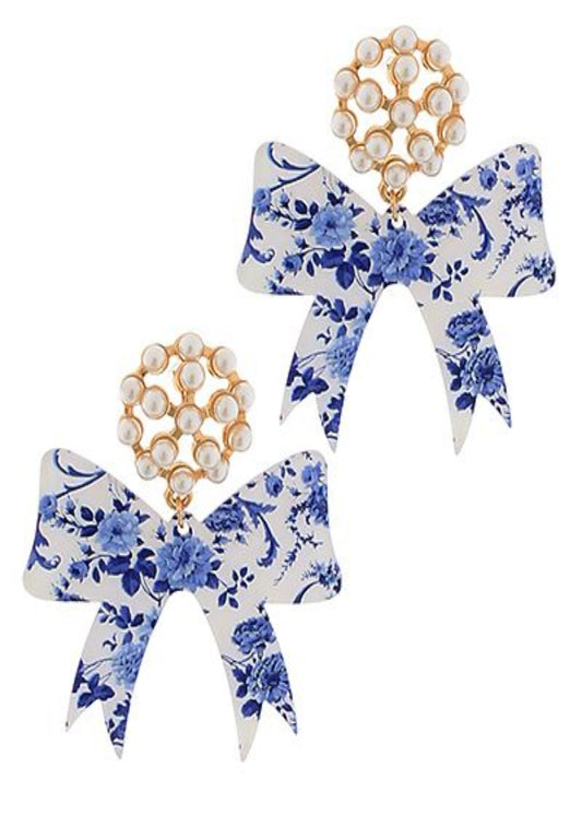 PRINTED RIBBON FLOWER & PEARL EARRINGS